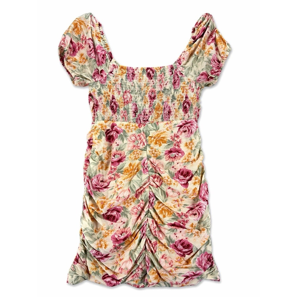 American Eagle Floral Ruched Mini Dress Linen Cotton Puff Sleeve Cottagecore M